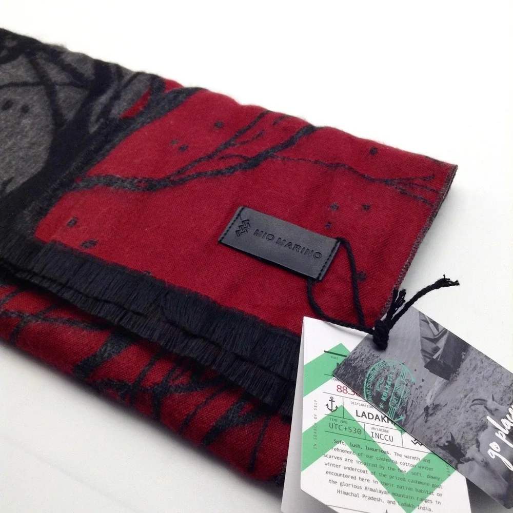 Mio Marino Women's Cashmina Designer Scarf Soft Fringe Twigs Red Grey Black‎